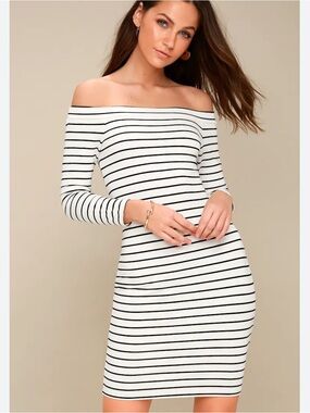 BB Dakota Bridget Striped Off-Shoulder Bodycon Dress - White & Black